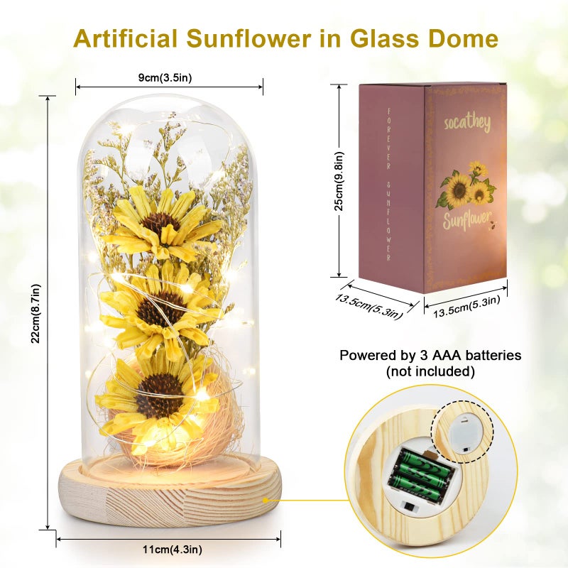 socathey Sunflower Gifts for Women  Artificial Sunflowers in Glass Dome with LED Strip  1PSC Sunflower Decor on Mother's Day  Valentine's Day  Christmas  Thanksgiving  Birthday (Yellow) - Image 2